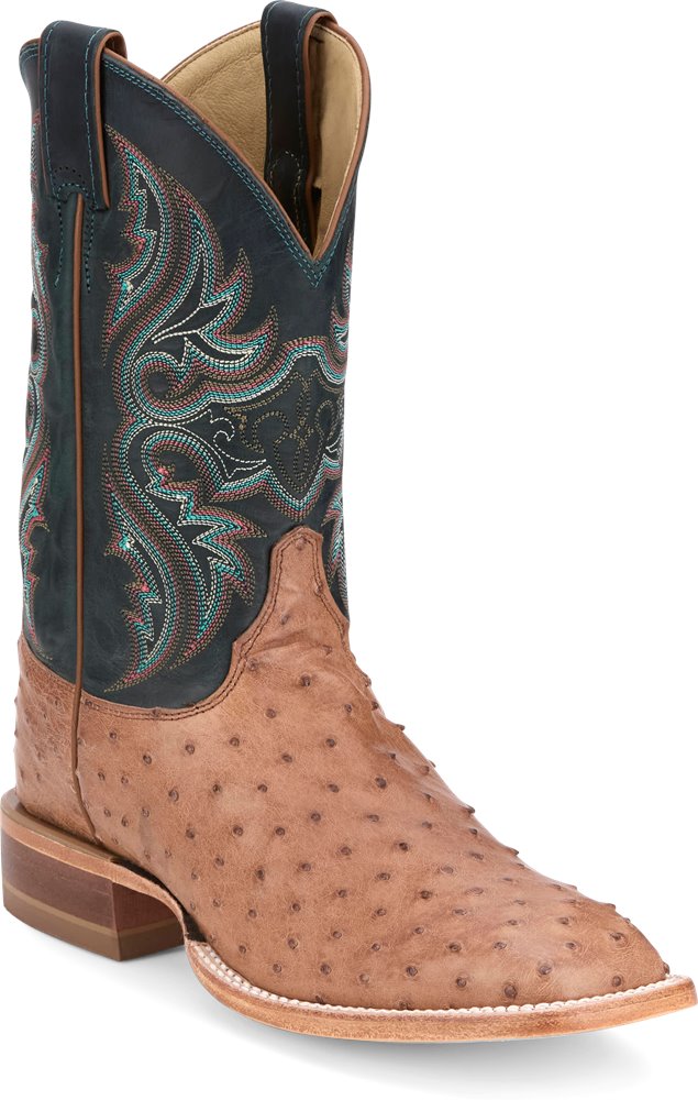 JE5171 Justin Moseley Cognac Full Quill Ostrich Boot w/Forest Green Cowhide